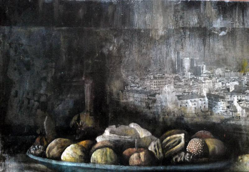 Natura morta e Vanitas sulla città - cm 42x30 - olio su tela - 2014
